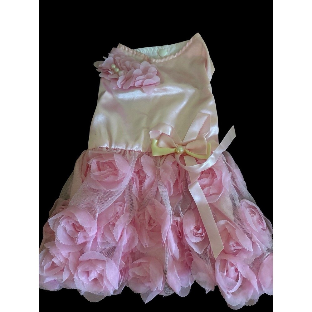 Pink Dog Dress Large Satin Rosette Flower Pet Dress Formal Wedding Party Costume